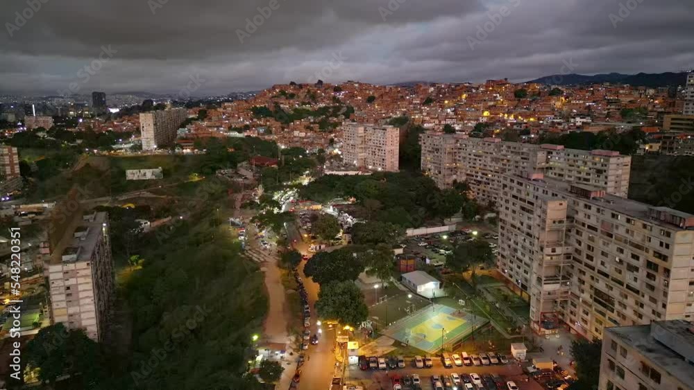Aerial view of night slums of Caracas, Venezuela. The most dangerous cities in the world Stock