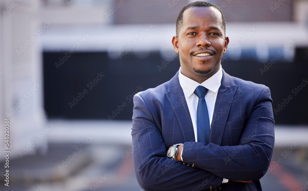 Corporate, black man and smile in portrait with arms crossed in city, town or metro in government. African politician, happy and vision with motivation, professional confidence or leadership in suit - obrazy, fototapety, plakaty 