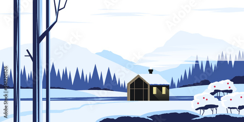Winter landscape. Cartoon cabin house in snowy forest and mountains, minimal nature scenery panorama. Vector background