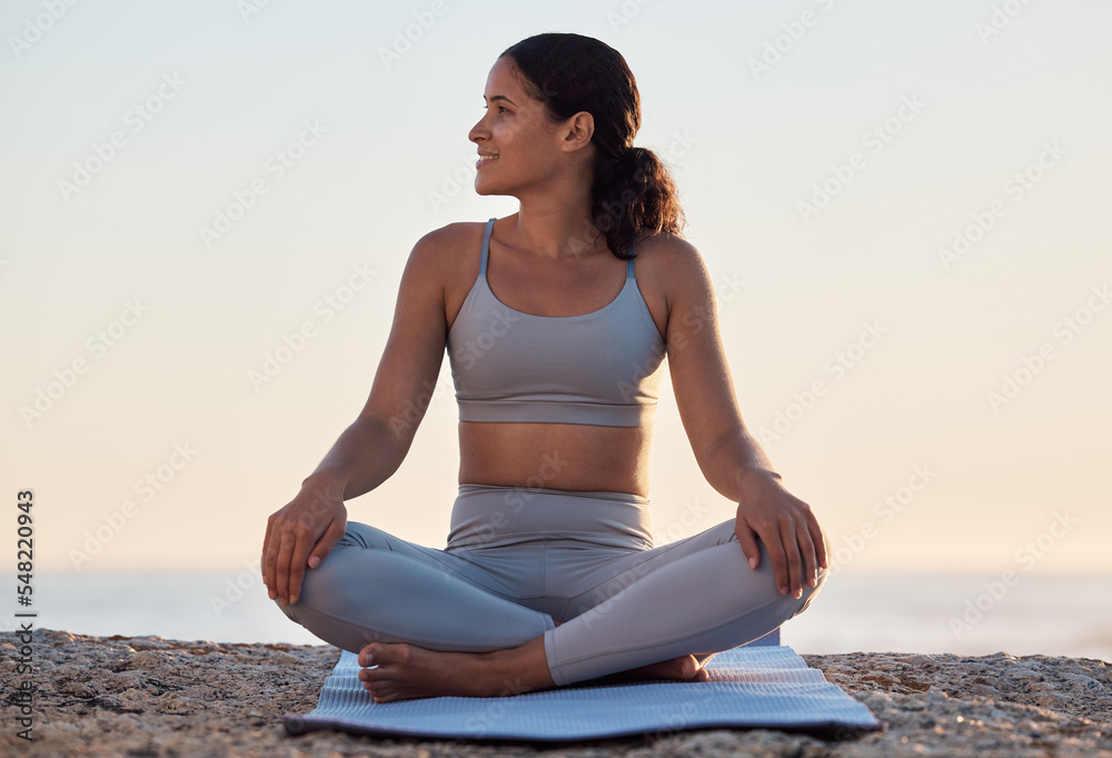 Yoga, meditation or zen exercise black woman relax on yoga mat at beach, sea or ocean for motivation, wellness or workout. Sunset, happy or girl portrait on sand for sport, chakra energy or training Yoga, meditation or zen exercise black woman relax on yoga mat at beach, sea or ocean for motivation, wellness or workout. Sunset, happy or girl portrait on sand for sport, chakra energy or training