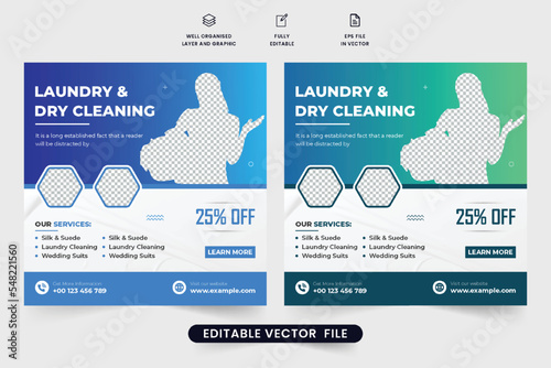 Special Laundry cleaning service poster design for social media marketing. Cloth wash and dry cleaning business advertisement template vector. Laundry and dry cleaning social media post design.