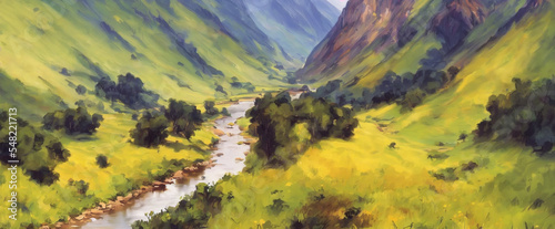 painting of landscape in the mountains, view of the valley with small river  © Boris