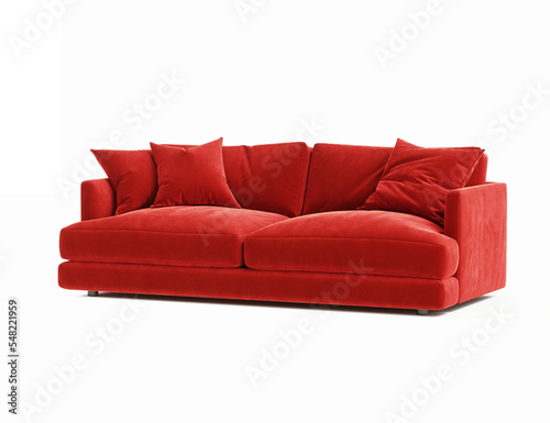 3d rendering of an isolated modern red upholstered velvet cosy lounge sofa
