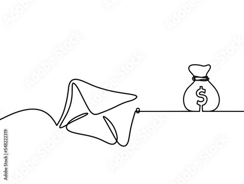 Abstract paper envelope with dollar as line drawing on white background. Vector