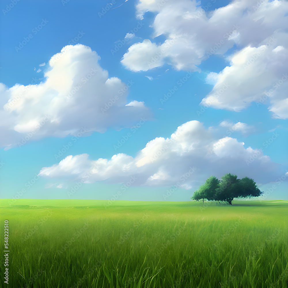 Fototapeta premium きれいな草原、空、雲。心地良い風景。