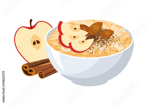 Oatmeal with apples and cinnamon icon vector. Healthy sweet cereal breakfast with apple, cinnamon and almonds icon vector isolated on a white background. Oat flakes breakfast still life drawing