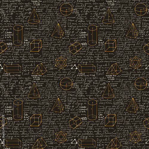 Abstract seamless pattern with yellow geometrical figures and white handwritten text Lorem ipsum on a black. Math vector background. Chalk drawing on the blackboard. Wallpaper, wrapping paper, fabric