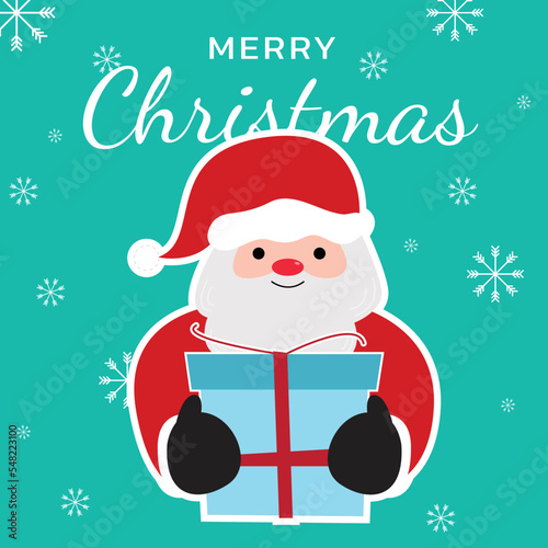 Merry christmas text. Santa Claus holding a wrapped Christmas gift on green background. Santa giving present. Flat style vector illustration.
