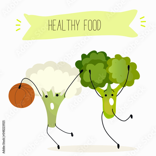 Vector illustration of funny cartoon character broccoli and cauliflower, play basketball, volleyball, healthy food, kitchen, ingredients, kids t-shirt design.