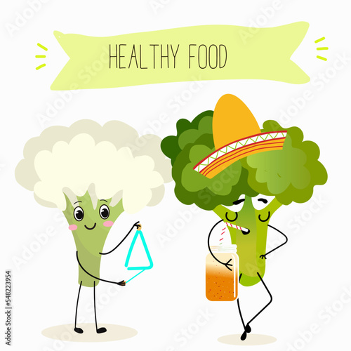 Vector illustration of funny cartoon character of broccoli and cauliflower, play triangle, sip cocktail, healthy food, cuisine, ingredients, kids t-shirt design.