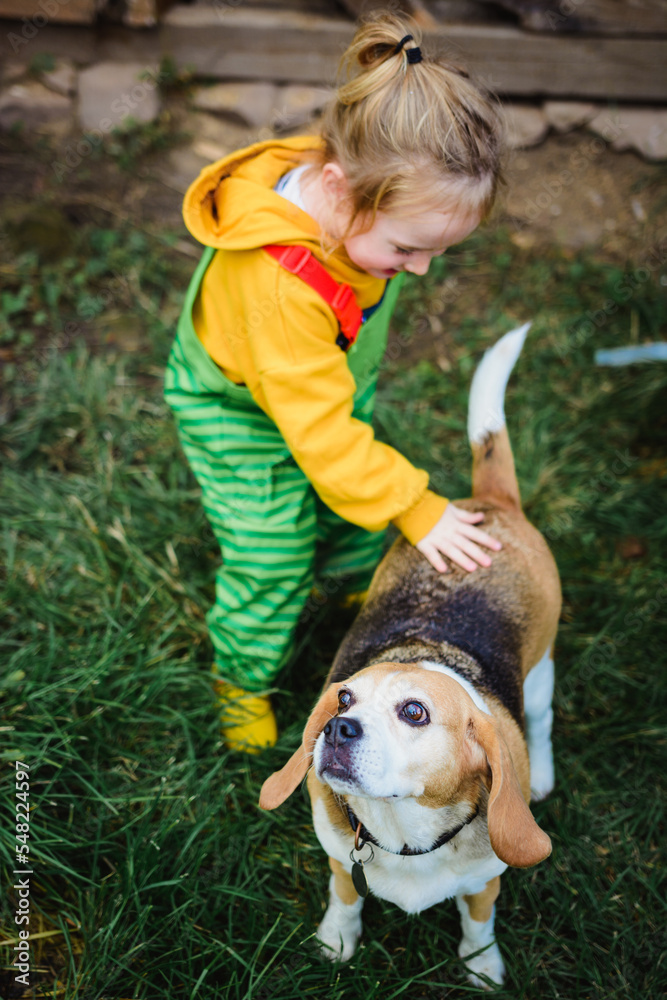 Young and beautiful young boy pets his dog with kindness and love in his eyes while dog looks happy and content, out in the green grass.