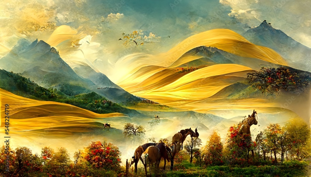 3D mural wallpaper suitable for frame canvas print . horse and golden