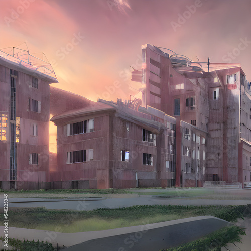 架空都市の様々な風景を描いたイラストです。