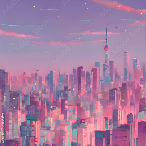 架空都市の様々な風景を描いたイラストです。