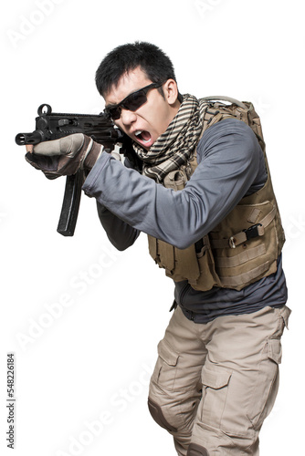 Private military contractor man with modern sub machine gun weapon isolated on white background