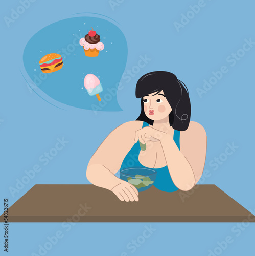 A cute curvy girl is forced to follow a diet. A fat woman prefers lettuce, although she dreams of sweet and starchy foods. Diet and healthy eating versus junk food. Vector cartoon flat illustrations.