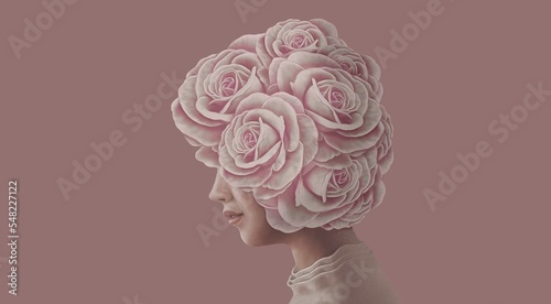 Fototapeta Naklejka Na Ścianę i Meble -  Surreal painting of woman with flowers. Portrait art. Concept art of dream and nature. Face of girl and floral. Roses