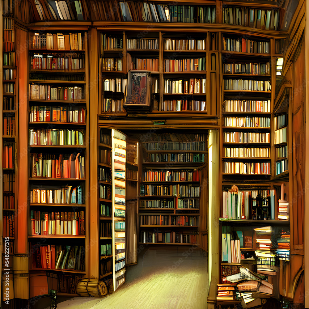 図書館や本屋といった本が棚にたくさん並んだ風景のイラストです。 図書館や本屋といった本が棚にたくさん並んだ風景のイラストです。