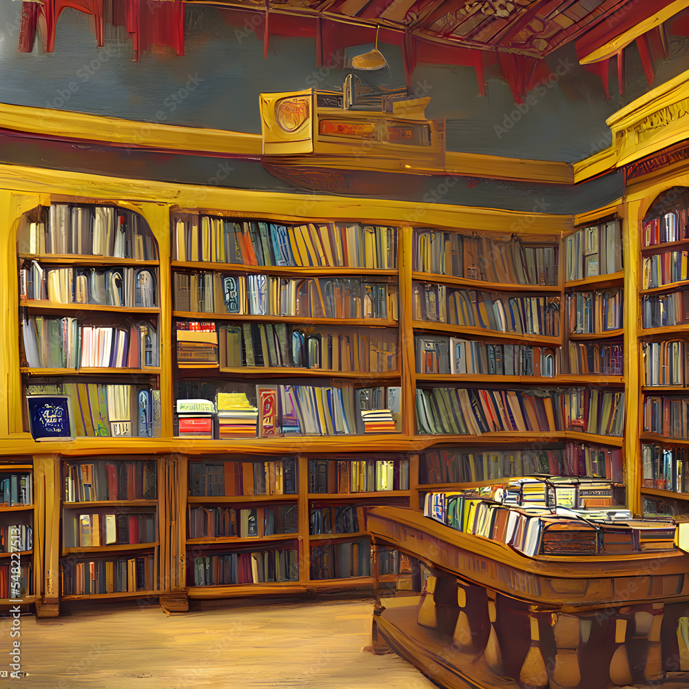 図書館や本屋といった本が棚にたくさん並んだ風景のイラストです。 図書館や本屋といった本が棚にたくさん並んだ風景のイラストです。