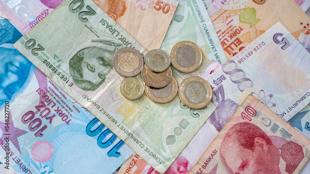 Various Turkish Lira Banknotes And Coins. Turkish Money Various Turkish Lira Banknotes And Coins. Turkish Money