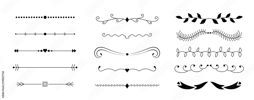 Collection of decorative dividers. Set of borders, lines for text decor. Vector illustration