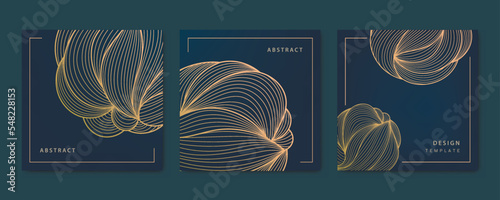 Vector set of gold spheres, organic balls, shapes cards, square luxury design patterns, borders, frames. Use for package, social net post, invitations, banners, flyers, labels. Japanese style