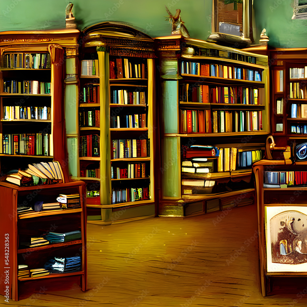 図書館や本屋といった本が棚にたくさん並んだ風景のイラストです。 図書館や本屋といった本が棚にたくさん並んだ風景のイラストです。