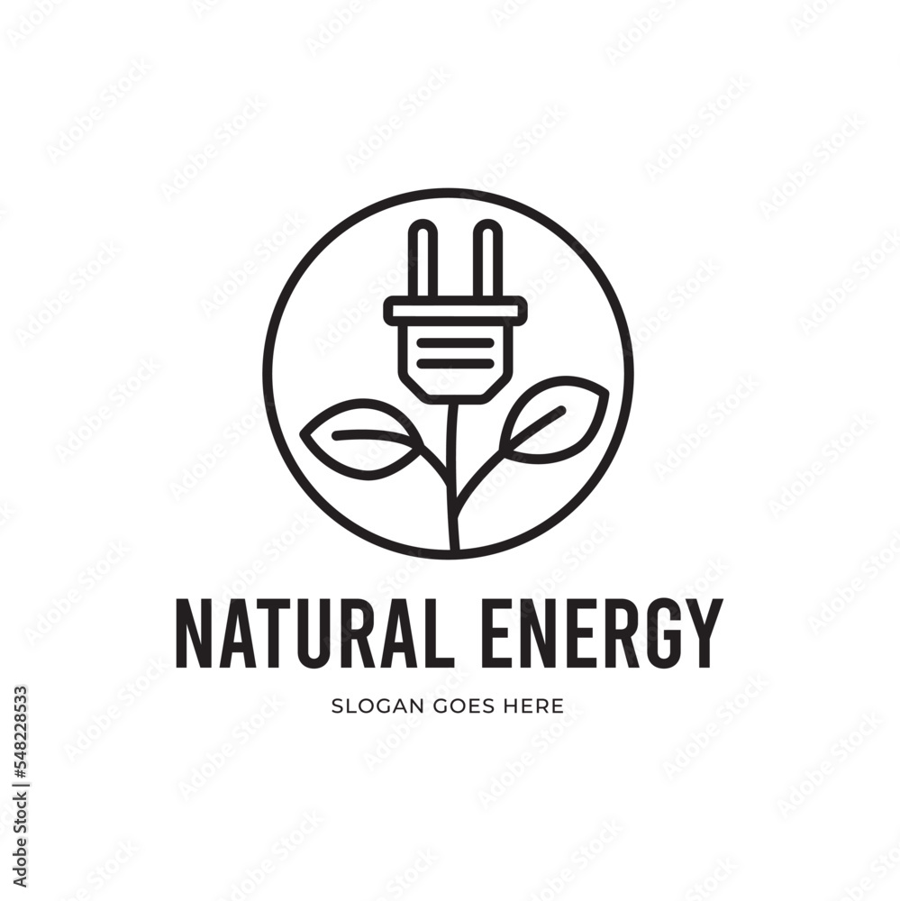 Eco Energy Vector Logo with leaf symbol. Green color with flash or thunder graphic. Nature and electricity renewable. This logo is suitable for technology, recycle, organic, plug