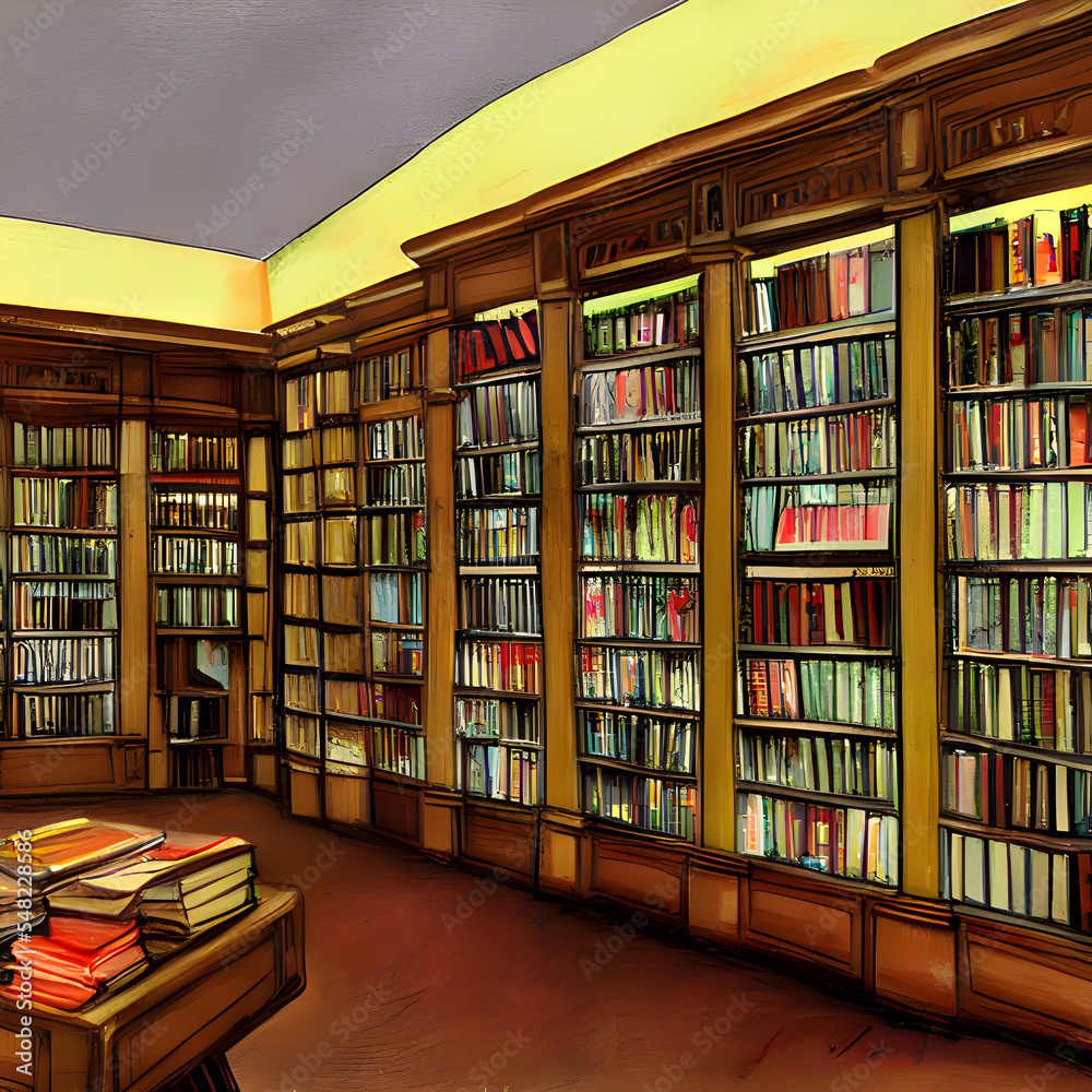 図書館や本屋といった本が棚にたくさん並んだ風景のイラストです。 図書館や本屋といった本が棚にたくさん並んだ風景のイラストです。