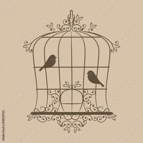 Vintage birds and birdcages collection. Isolated on white. Clipart. Vector.
