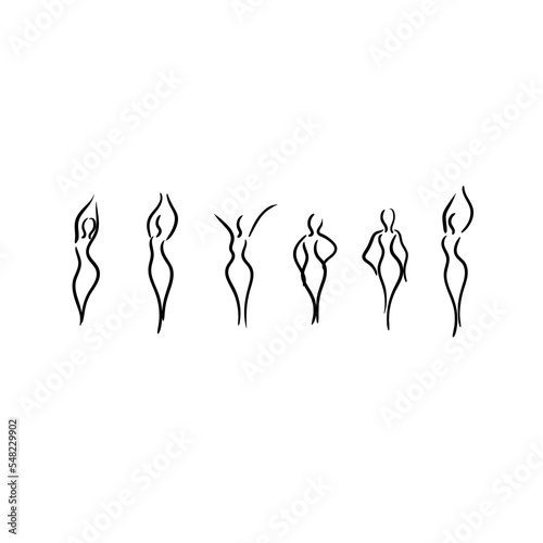 Abstract image of woman body outline icons set. Various female line silhouettes, model, figure for sport, dance, beauty salon,spa.Stock vector illustration isolated on white background.