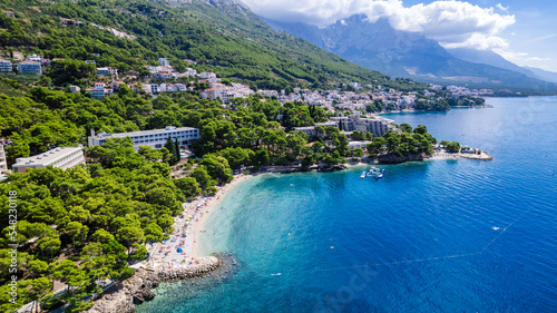 Stunning summer landscape with Adriatic Sea and majestic bay on Baska Voda resort, Makarska riviera, Dalmatia, Croatia, Europe