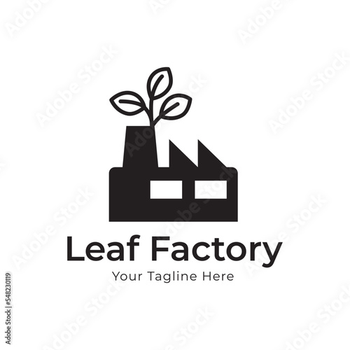 factory building industry with leaf green plant nature logo vector icon design