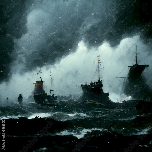 Fotobehang Vikings on battleships in a storm, dark epic, stormy waves