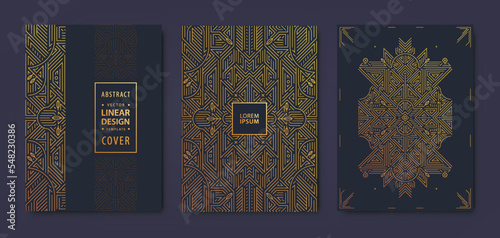 Set of vector art deco, gatsby golden covers. Creative design templates. Trendy graphic fancy poster, brochure, design, packaging and branding. Geometric shapes, ornaments, elements