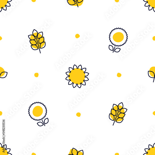 Modern style seamless pattern of plants and sunflowers. Cartoon flat background
