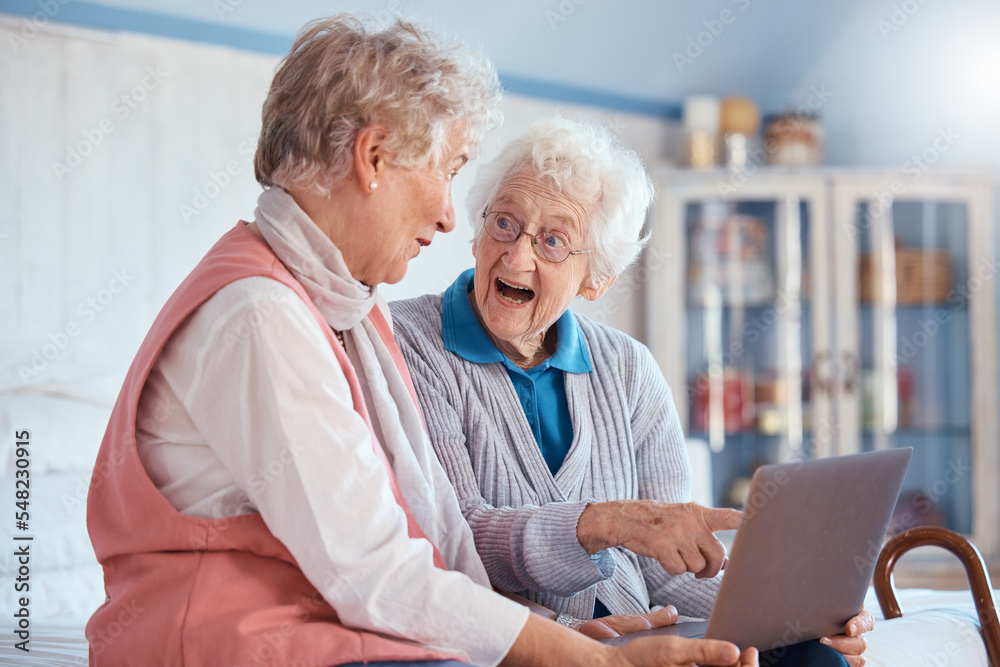 Friends laptop or senior woman with wow for communication, social media video or streaming online. Happy, smile or elderly women with tech for gambling winner, online shopping or search the internet
