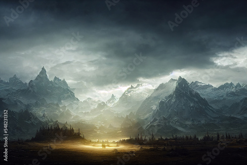 Golden Light of God shines down upon Men fantasy concept art landscape