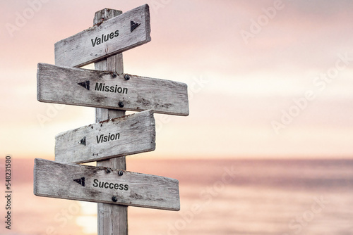 values mission vision success text written on wooden signpost outdoors at the beach during sunset