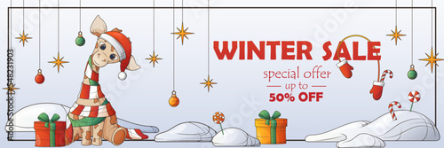 Background for poster, banner template, card, flyer, discount, flyer. Winter vector promo sale banner with illustration of giraffe, gift boxes, snowdrift, toy. 