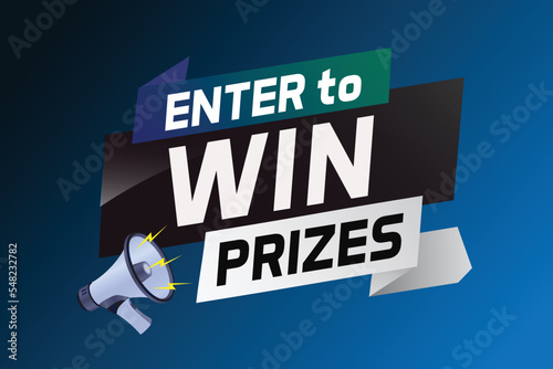 Enter to win prizes word concept vector illustration with megaphone and 3d style for use landing page, template, ui, web, mobile app, poster, banner, flyer, background, gift card, coupon, wallpaper