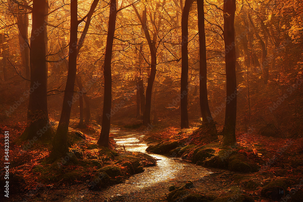 Fototapeta premium Light glows onto an old path leading through the colorful autumn forest trees