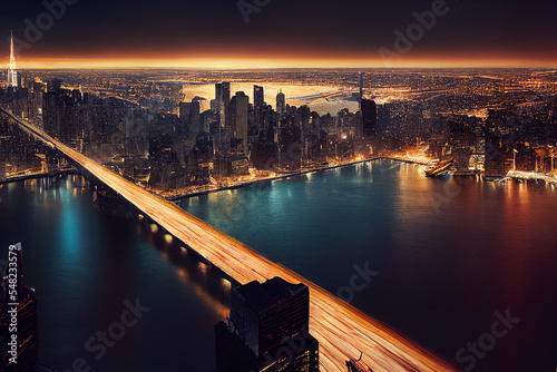 Long exposure cars passing on bridge in busy city at night