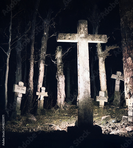 scary landscape of spooky abandoned cemetery with graves and crosses