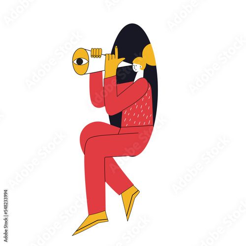 Girl or young woman coming, flying, jumping, looking through and out of holes. Happy enthusiastic lively men and women. Search, explore concept. Graphic vector illustration