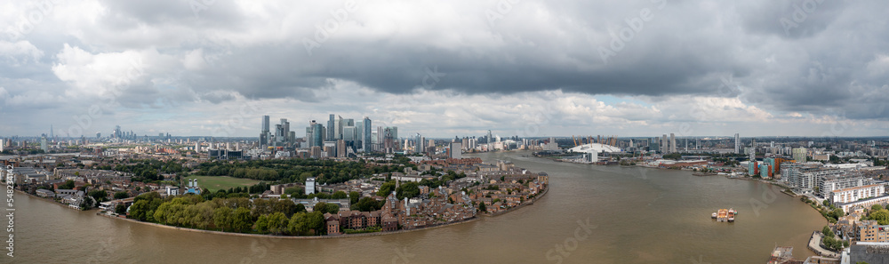 Aerial panoramic skyline Financial district London, cityscape view.