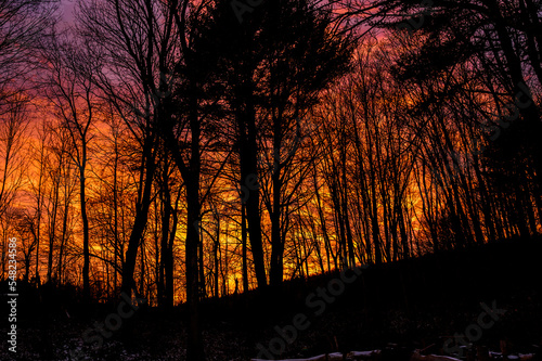 Fototapeta Naklejka Na Ścianę i Meble -  Colorful clouds during a morning sunrise in Winter in Windsor in Upstate NY.  Pink, Orange, Blue, and Magenta are some of the colors glowing this morning.