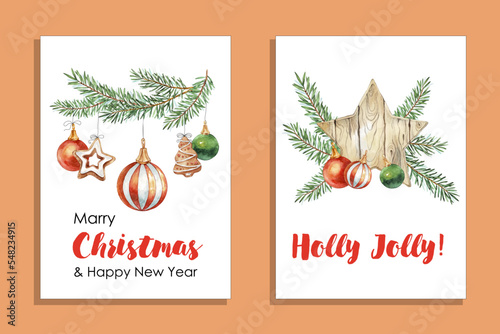 Set of Christmas card with Fir branches, christmas balls, gingerbread, christmas cookies. Vector  Watercolor illustration for greeting card and invitation. Winter holidays poster.