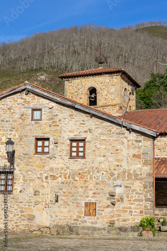 Beautiful village of Barcena Mayor with the traditional stone houses in the Cantabria mountains in a sunny day. Cantabria, Spain.