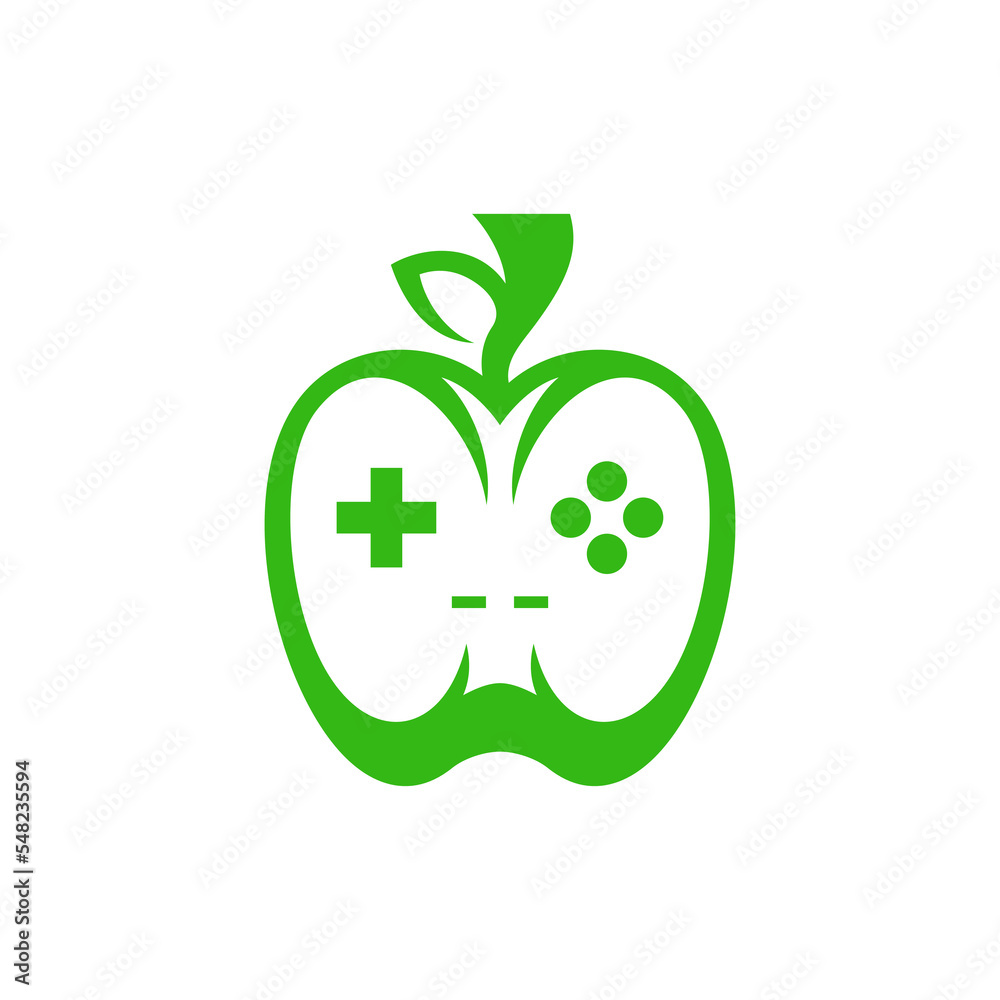 Fruit apple logo with Joystick, fruit silhouette simple linear geometric shape in minimalist style. Fruit apple logo with Joystick, fruit silhouette simple linear geometric shape in minimalist style.